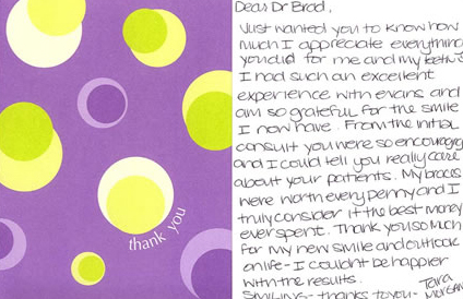 Thank you card to Dr. Brad from a patient